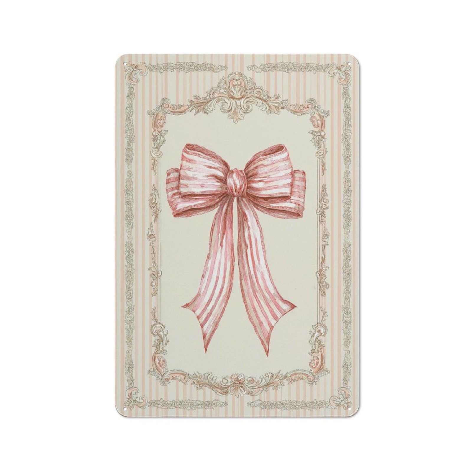 Jubonexis Watercolor Pink Bow on Striped Cream Tin Metal Signs Wall Art Decorations for Bar Pub Club Cafe Room Farmhouse White 30x20cm