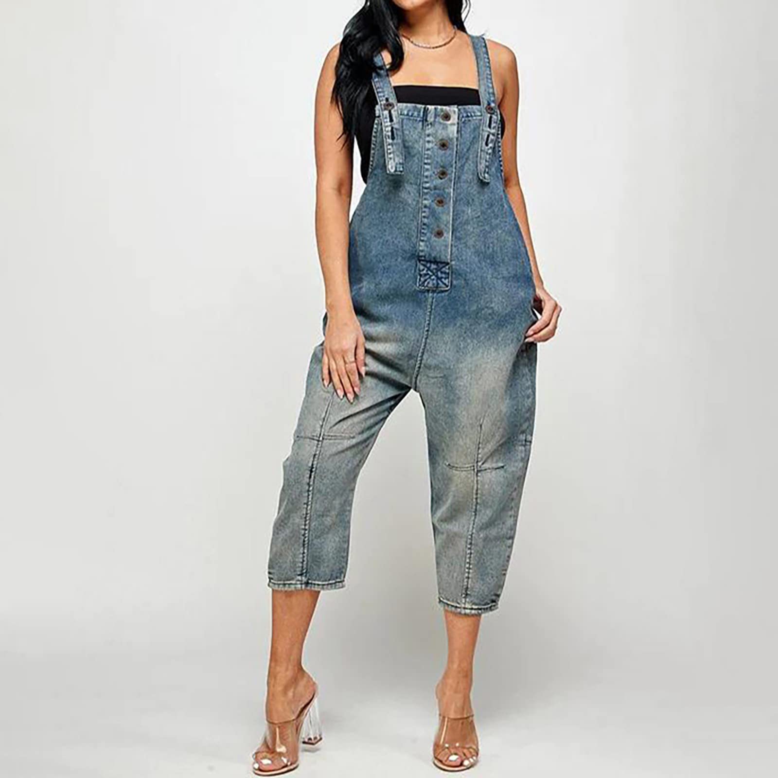 Pantalones vaqueros con peto para mujer, 7/8, pantalones de trabajo, vintage, vaquero, holgado, informal | Bib Pants Distressed Pantalones de mezclilla, Babero de Moda Trajes sin Mangas Jean Mono Para Verano, Diario, Trabajo