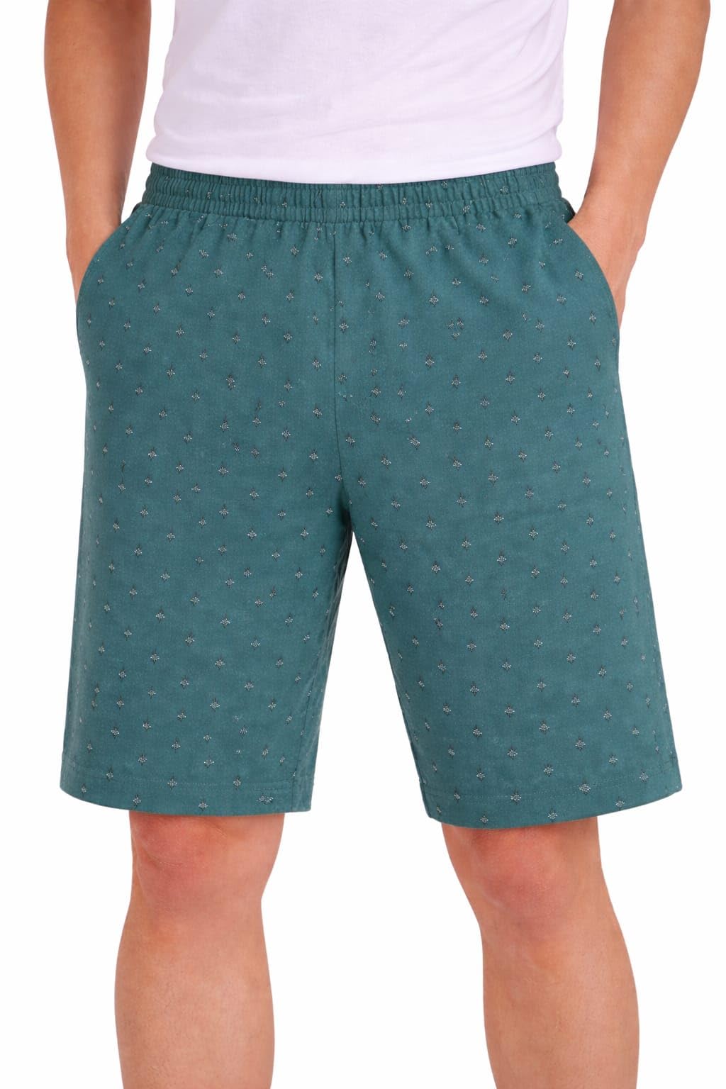 Men's Printed Cotton Shorts with Elastic Waist and Pockets, Teal and Black, Pack of 2-image-25