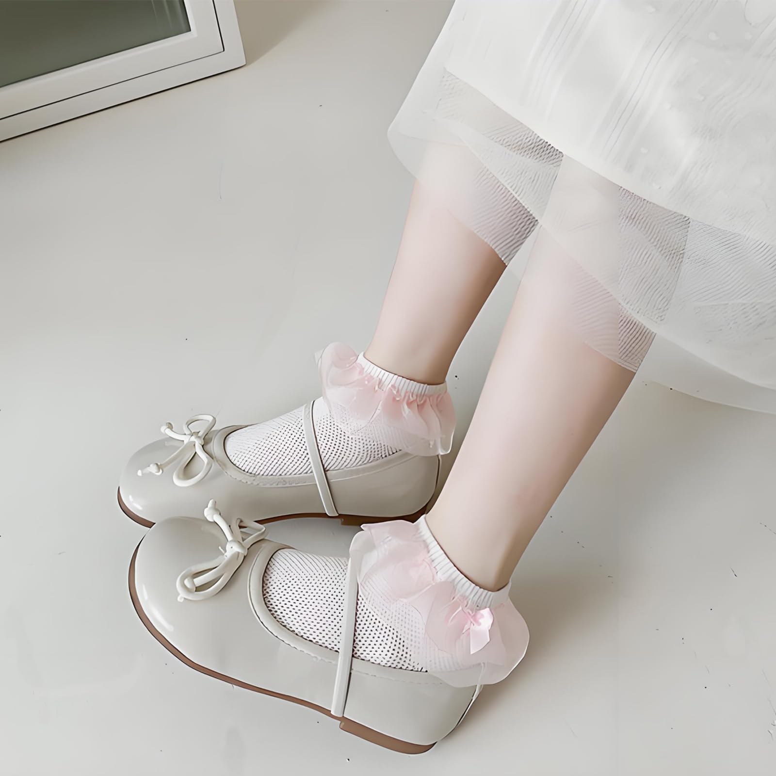 Baby - Calcetines de malla con volantes de algodón blanco para niñas y niñas, 6 unidades - rosa - 6-8 años