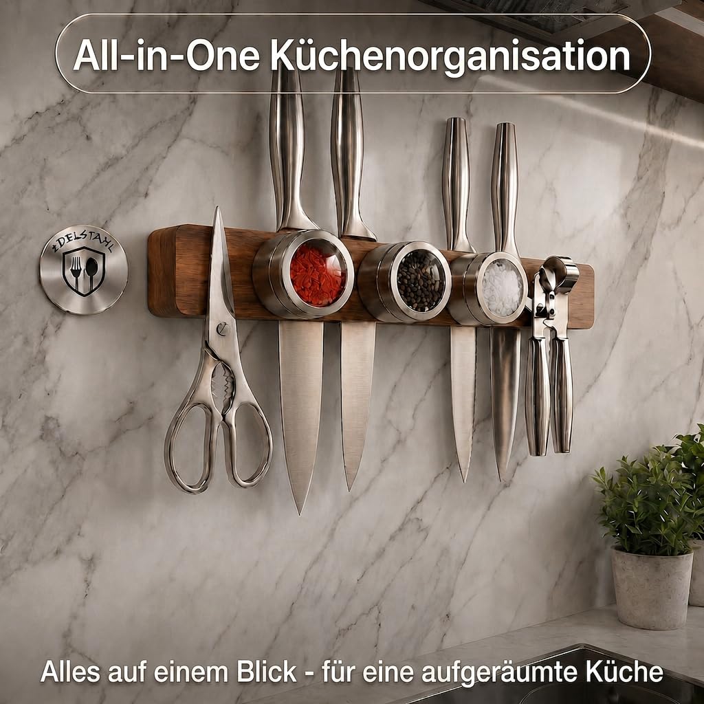 Magnetleiste Messer (41cm) aus echtem Akazienholz – Messerhalter magnetisch für schwere Messer, selbstklebend oder Schrauben – Magnet Messerhalter mit integriertem Schlitz & 3 Gewürzdosen