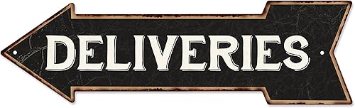 Letrero de entrega con flecha izquierda, letrero vintage para entregas de paquete, entrega de paquetes de negocios, placa de metal 5x17 205170004019 disponible en Yaxa Colombia