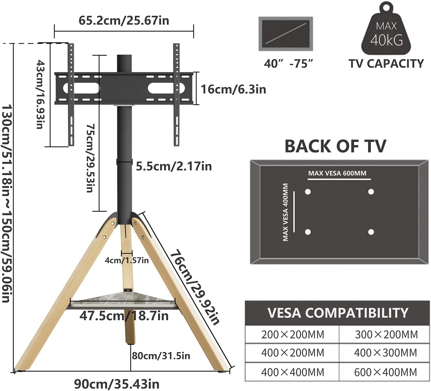 Floor TV Stand for 40 43 50 55 65 75 Inch LED LCD Screens,Corner TV Stand with Sintered Stone Shelving,Swivel Holds up to 88Lbs,Max VESA 600x400mm(VC-Z1618)