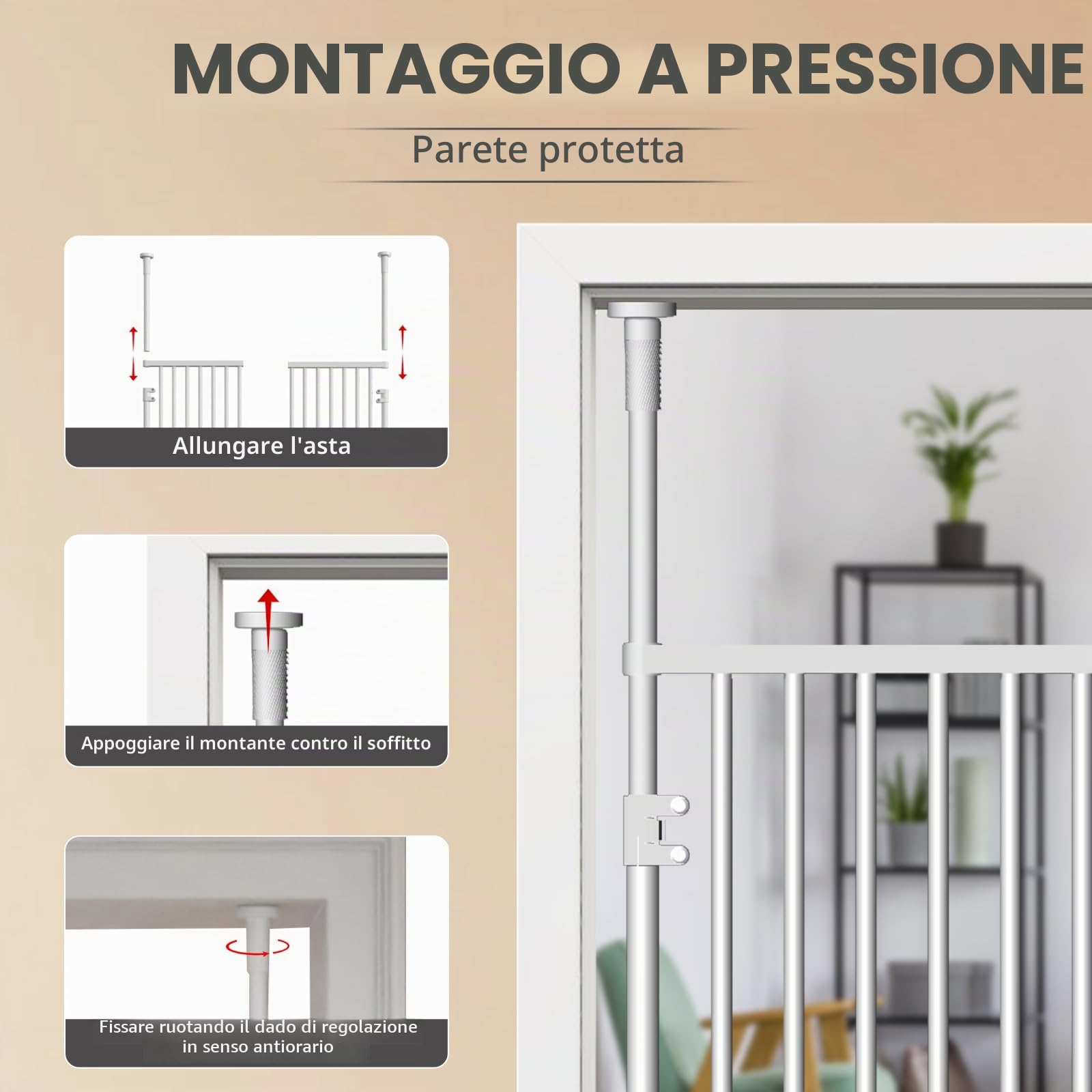 Cancello per animali domestici extra alto, 180 cm, con ante e serrature, adatto per porte da 190 a 250 cm di altezza, estensibile, regolabile, senza foro, per porte e camere da letto (larghezza 65