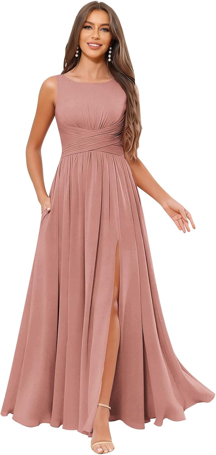 Women’s Pleated Chiffon Bridesmaid Dresses Scoop Neck Formal Dress A-line Wedding Guest Dress with Pockets