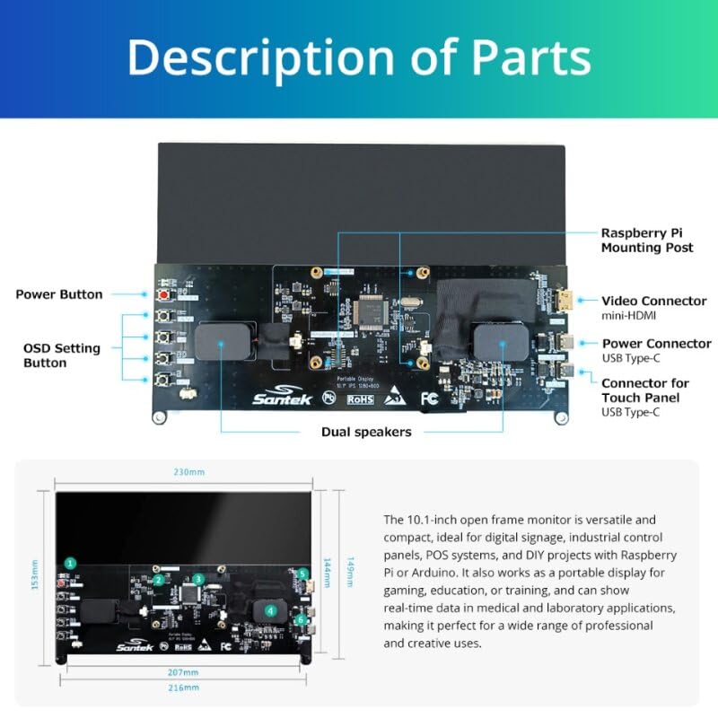 Image of Santek] Open Frame Touch Screen Monitor 10.1-inch - 500 cd High Brightness IPS HDMI, Built-in Speakers, SOF01010A1B, for Raspberry Pi 4 /3 /2 /1 Zero, Jetson Nano Mountable