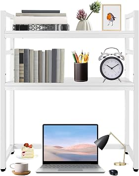 35in-White Computer Desktop Bookcase, Organizer Shelves Desktop Bookshelf for Computer Desk, Small Book Shelf, Adjustable Wood Display Rack Organizer for Home Dorm Office