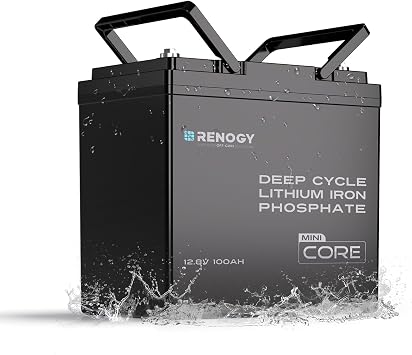 RENOGY REGO Lithium Battery Mini 12.8V 100AH LiFePO4 Battery, 100A BMS, Size 9.02 x 5.43 x 8.39, 21.8 LBS, Deep Cycle Batteries/Monitor-Compatible, Great for Trolling Motor, RV, Off-Grid, Black