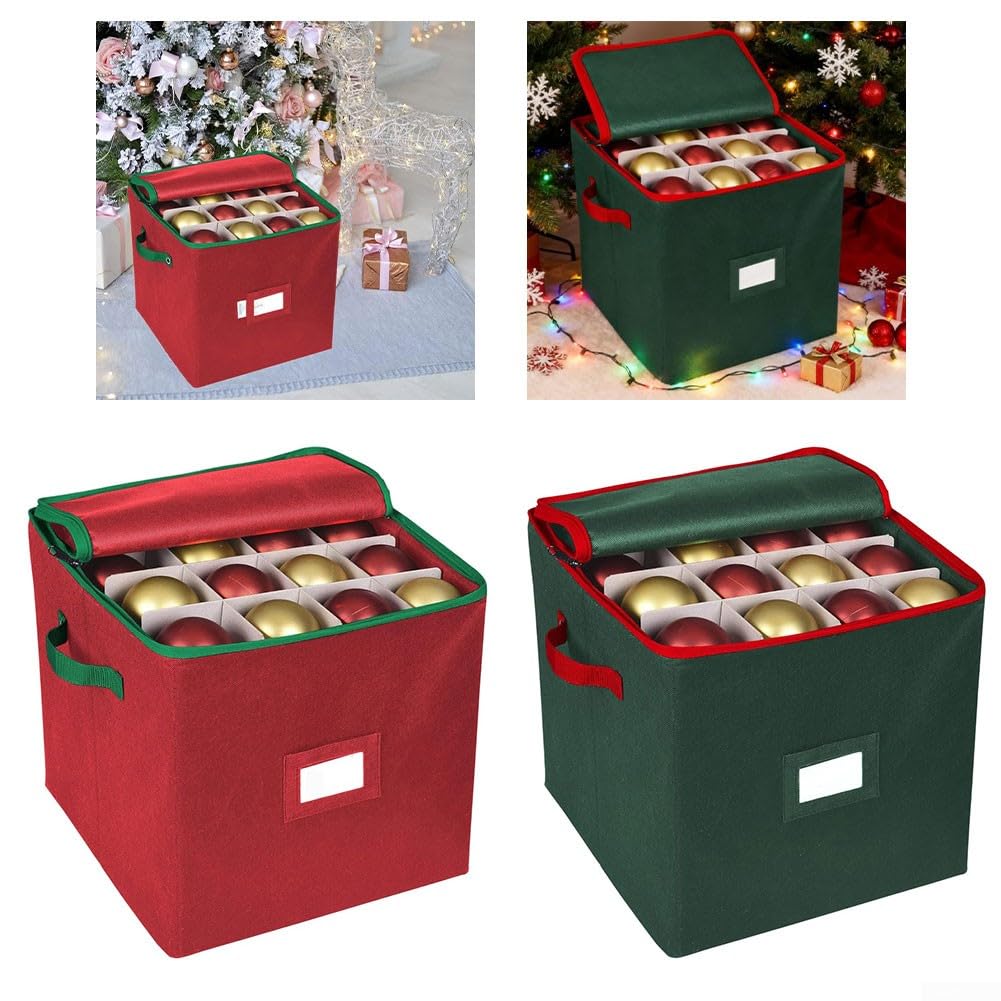 Aufbewahrungsbox für Weihnachtskugeln mit 64 Gitterabschnitten und Trennwänden, Reißverschluss, um Ornamente sicher zu halten, faltbar und leicht zu tragen, mit seitlichen Griffen (rot)