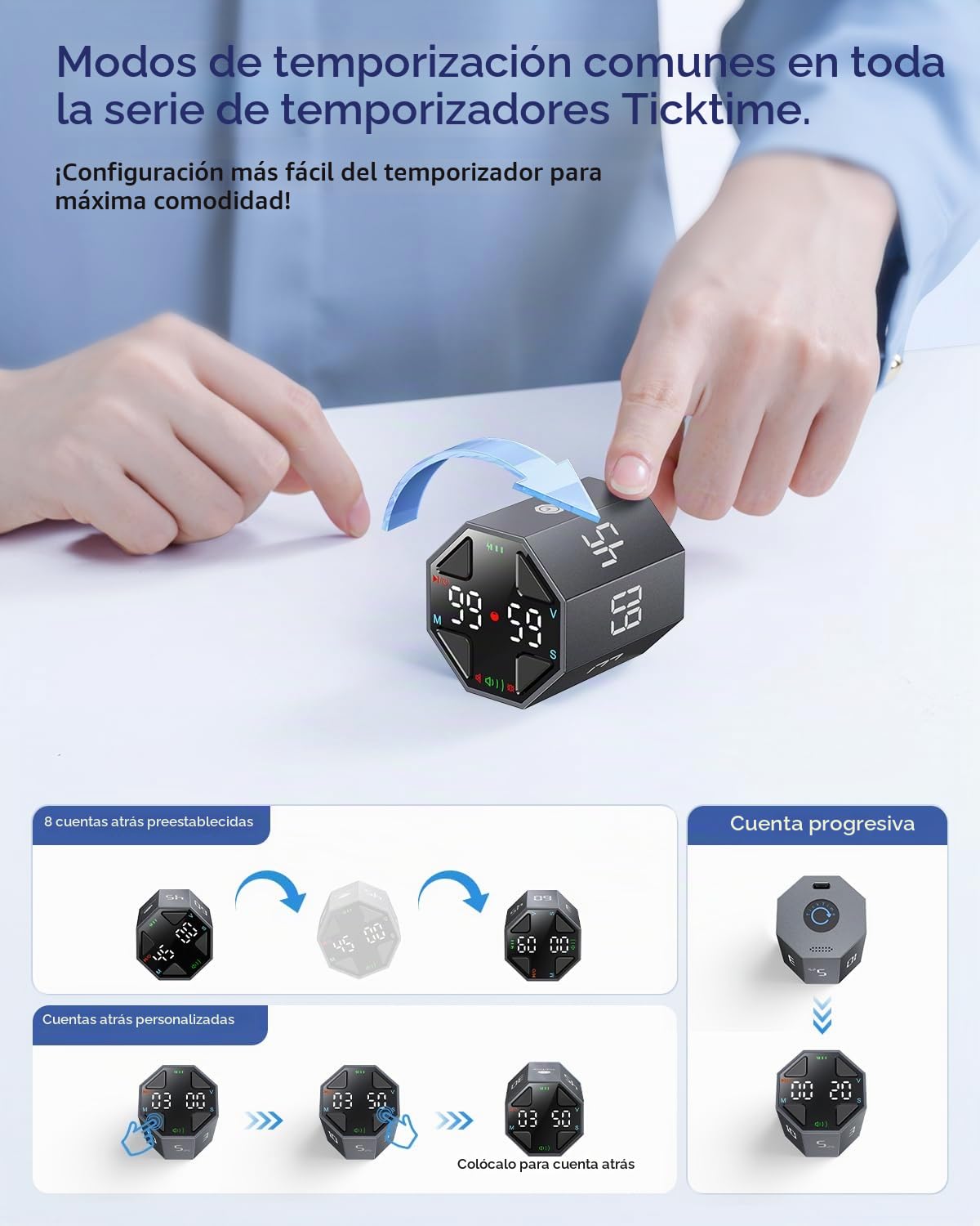 Ticktime T8 Pomodoro Timer para Enfoque, Estudio, Trabajo, Tareas, TDAH | Timer Pomodoro, Flip 3/5/10/15/30/45/60 min Countdown, Timer y Cronómetro, Pantalla Clara, 3 Avisos, Flip Pausa y Reanuda