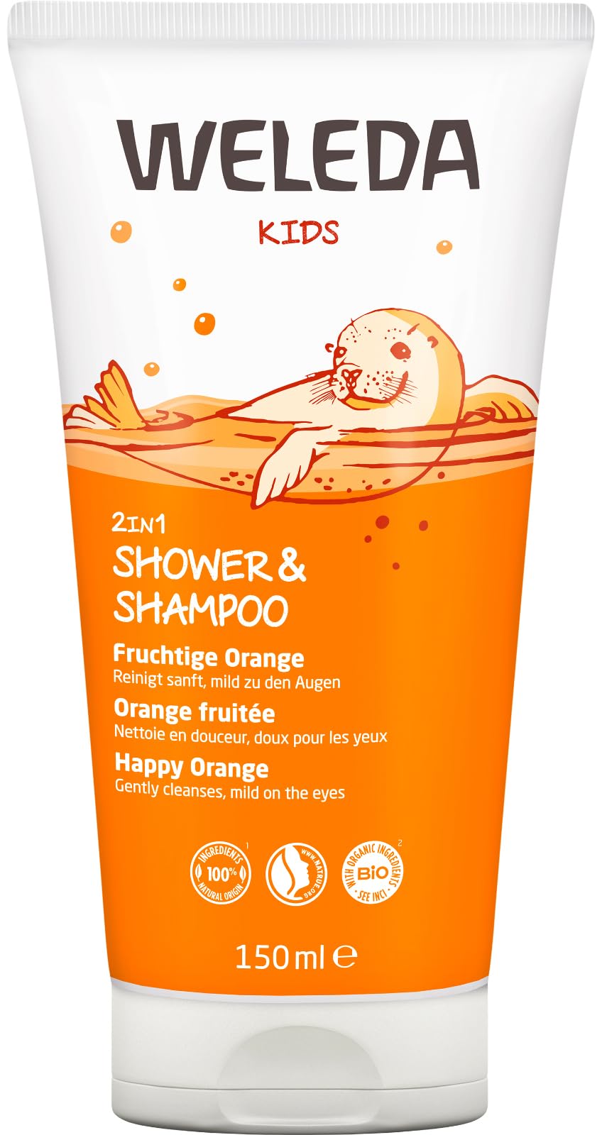 WELEDA Bio Kids 2in1 Shower & Shampoo Fruchtige Orange, Naturkosmetik Duschgel und Bodylotion zur schonenden Reinigung von Haut und Haar, geeignet für Kinder ab drei Jahren (1 x 150 ml)