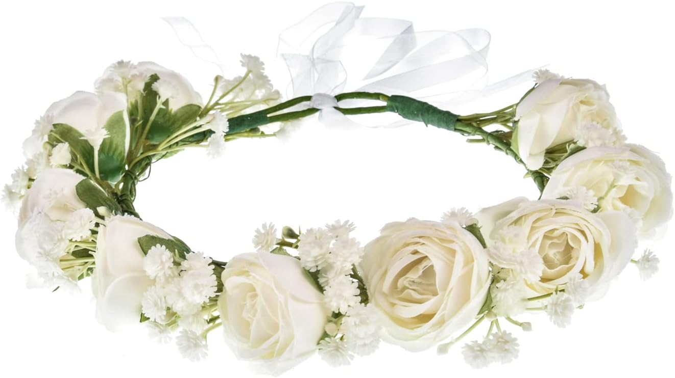 June BloomyBridal Flower Crown Women Rose Floral Headband Maternity Photo Prop Baby Shower Leaf Hair Wreath (Babysbreath and Rose)