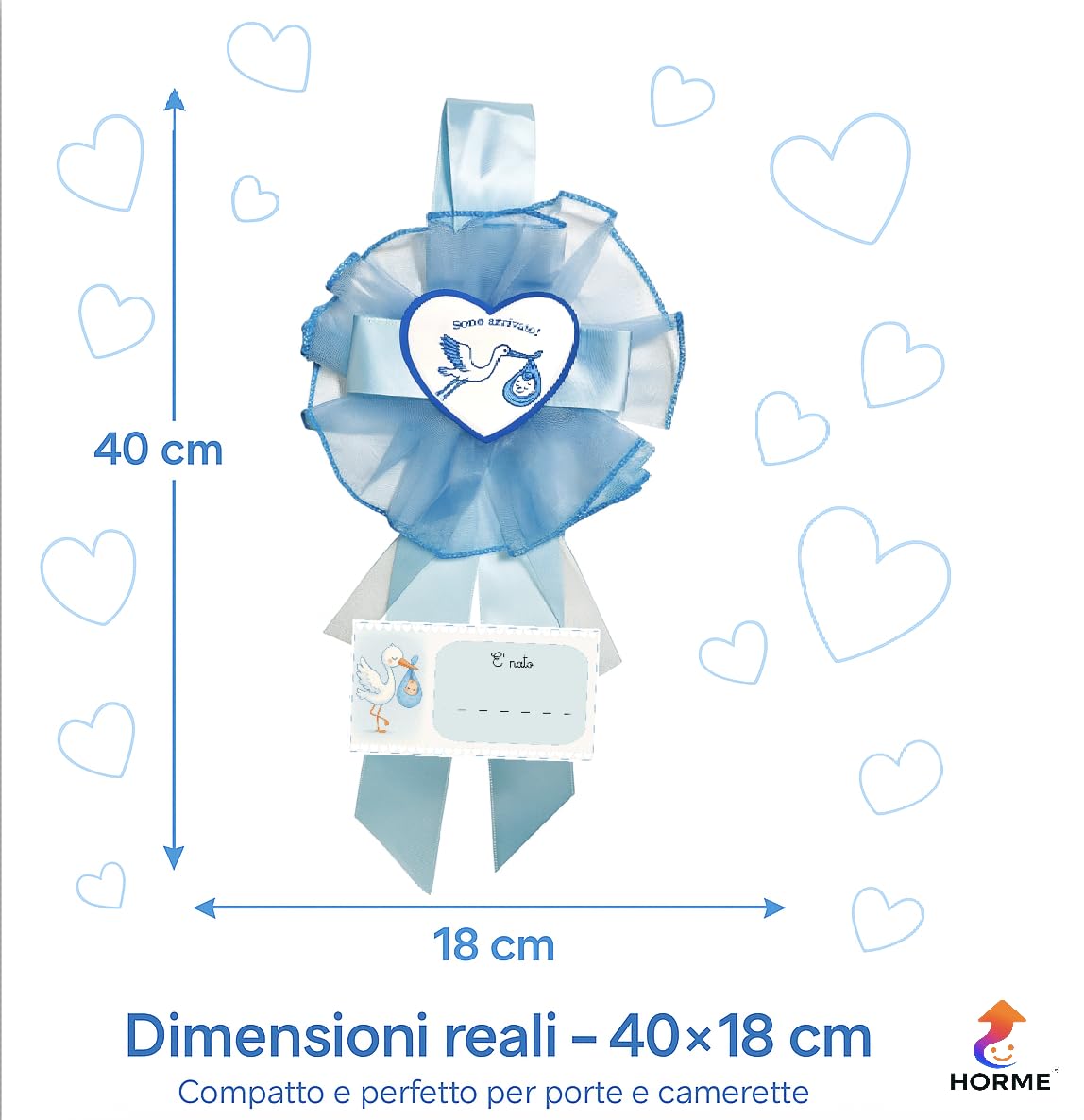 Horme Fiocco Nascita Bimbo Azzurro “Sono Arrivato” in Tulle di Alta qualità, Personalizzabile con Nome – Coccarda Nascita Neonato per Decorazione Porta o Cameretta 40×18 cm