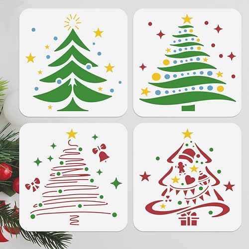 DOODLREAM 4Pcs Christmas Tree Stencils for Painting, 7.8"x7.8" Minimalist Star