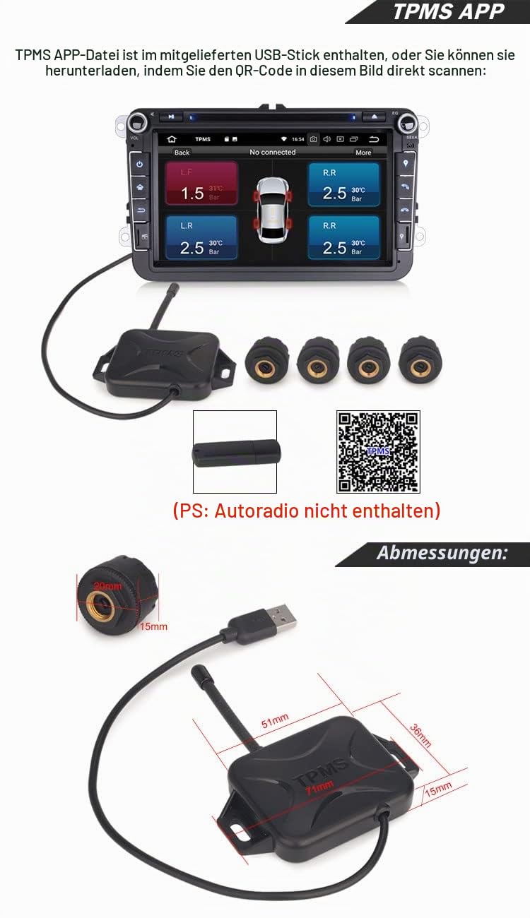 ES341 USB Universal TPMS Module Reifendrucksensor mit 4 Externe Sensors Display Reifendrucküberwachung Für Android 5.1+ Autoradios