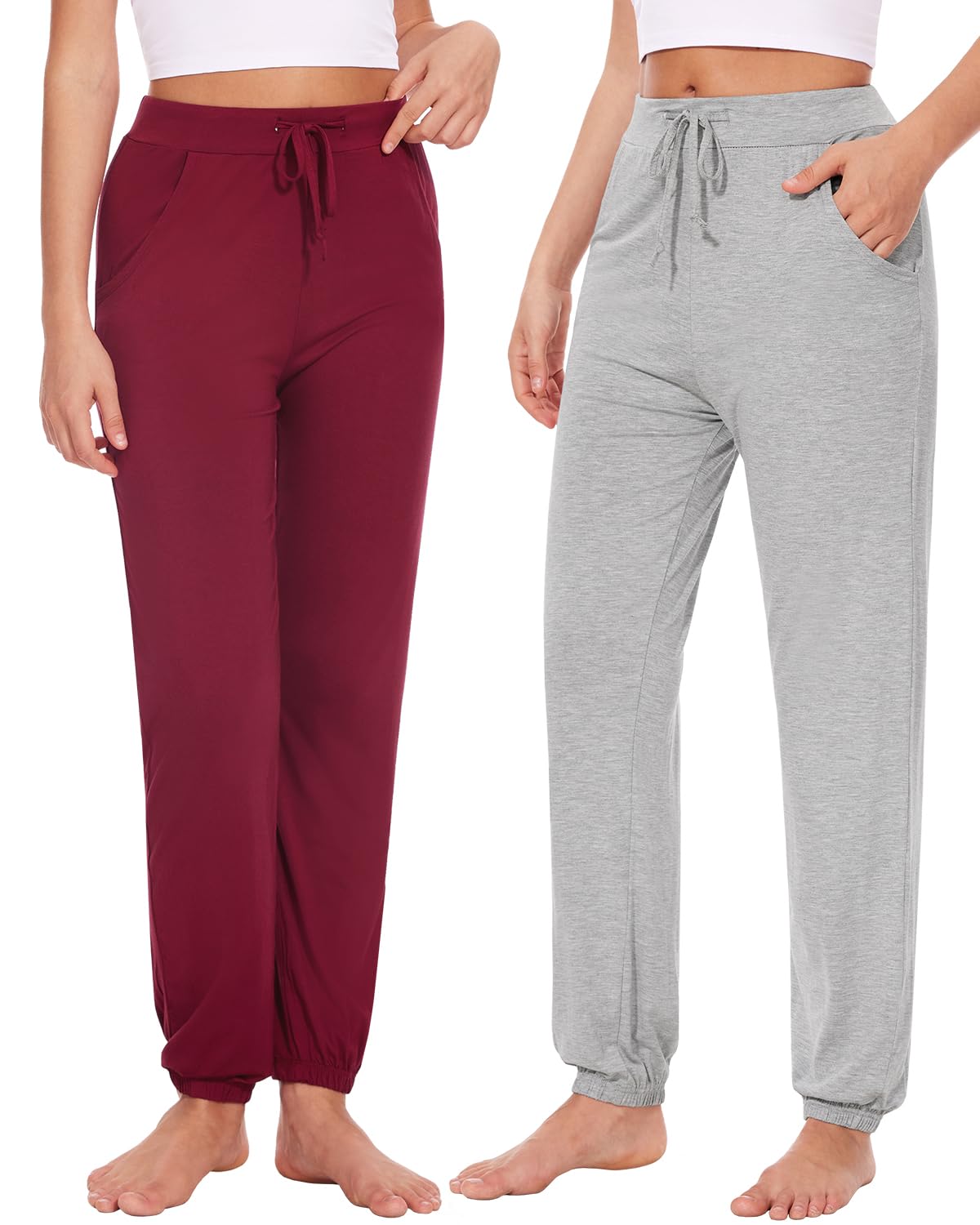 Knuffnee Damen Schlafanzughose Lang Pyjamahose Weiche Jogginghose Freizeithose mit Taschen 2 Pack