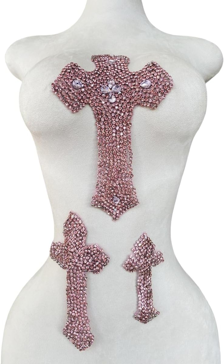 3PCS Pure Handsewing Rhinestones Applique Multicolor Cross Patch DIY Craft Accessories for Dress Jackets Jeans Backpacks Hats Clothing Decoration (Black)