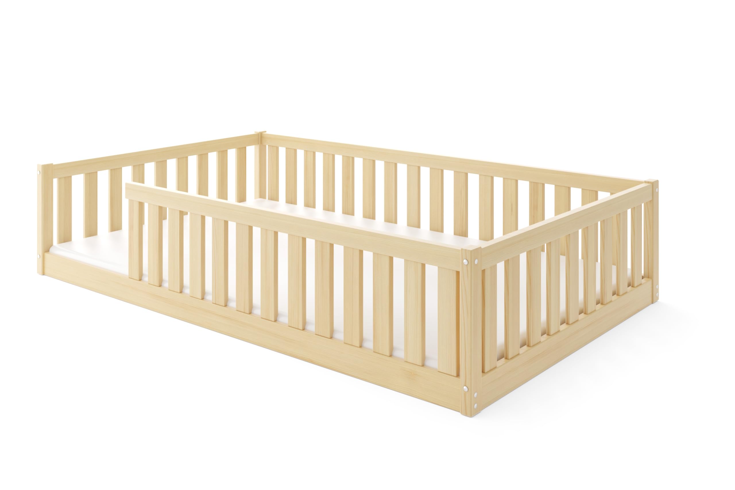 Lit Enfant Bella 120x200 avec Barrière de Sécurité et Sommier à Lattes, Bois Pin Naturel, Montessori