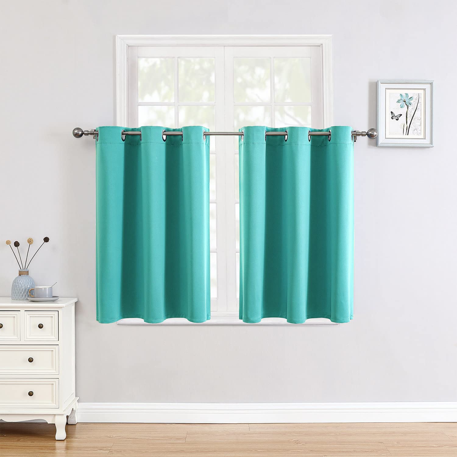 ChrisDowa Small Blackout Curtains for Kitchen and Bedroom 36 Inches Long | 2 Panels Set, Thermal Insulated, Room Darkening, Grommet, Short Window Drapes, for Living Room, Teal, 52 x 36 Inch