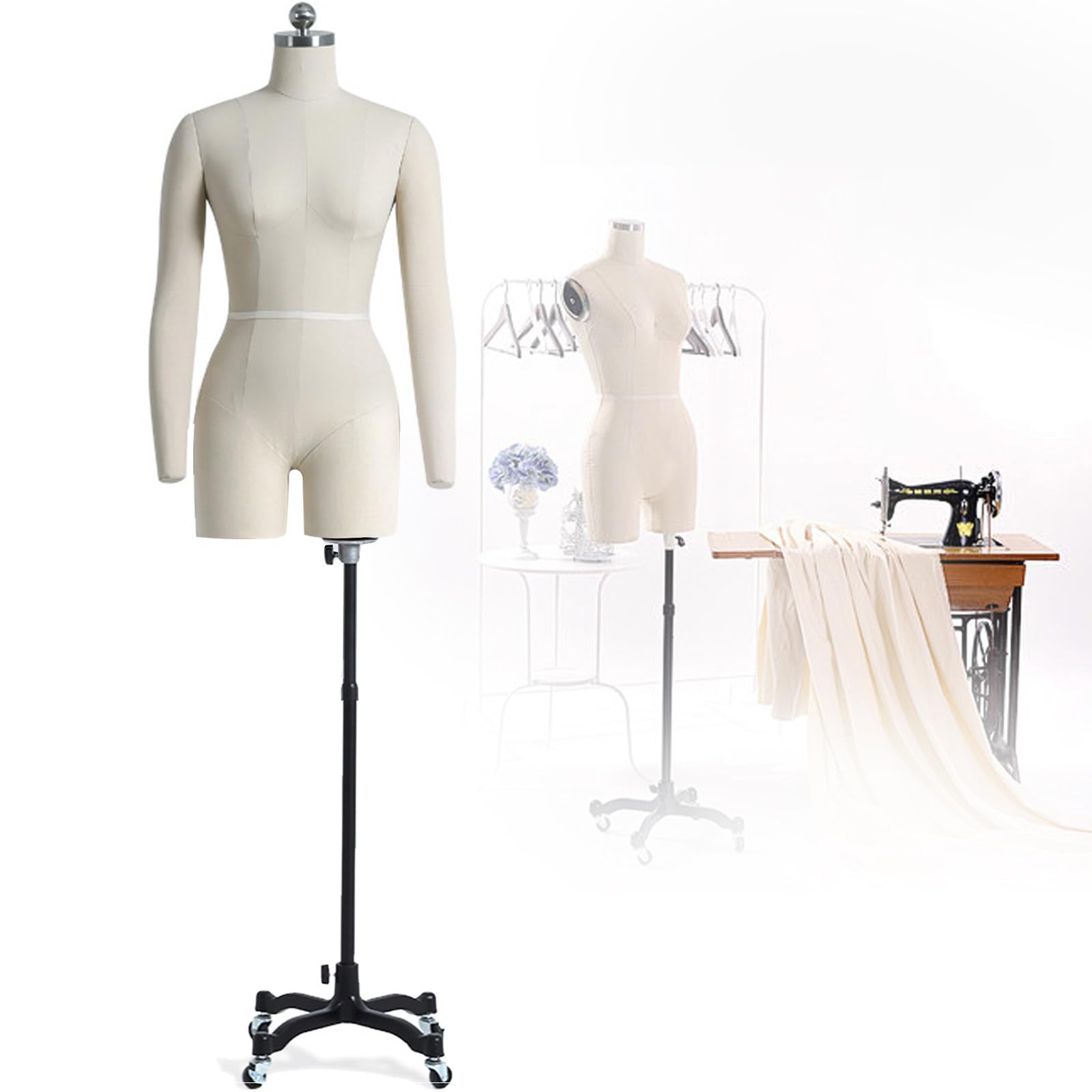Manichino da donna, busto con ruote per esporre e cucire, per abbigliamento appuntabile, per negozi e gioielli, bianco