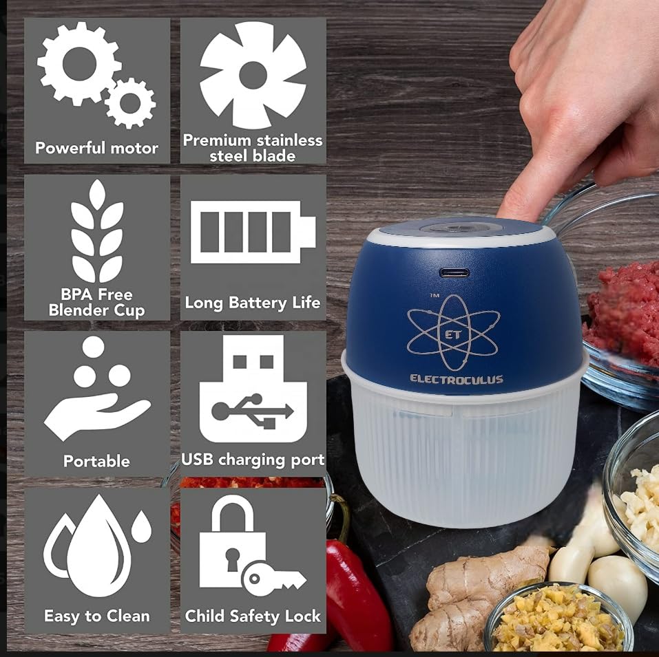 Image of Rechargeable mini electric chopper for kitchen,360 ml, Food Grade Bowl, Stainless Steel Blades, One Touch operation, Mincing Garlic, Ginger, Onion, Vegetable, Nuts(OXFORD BLUE)