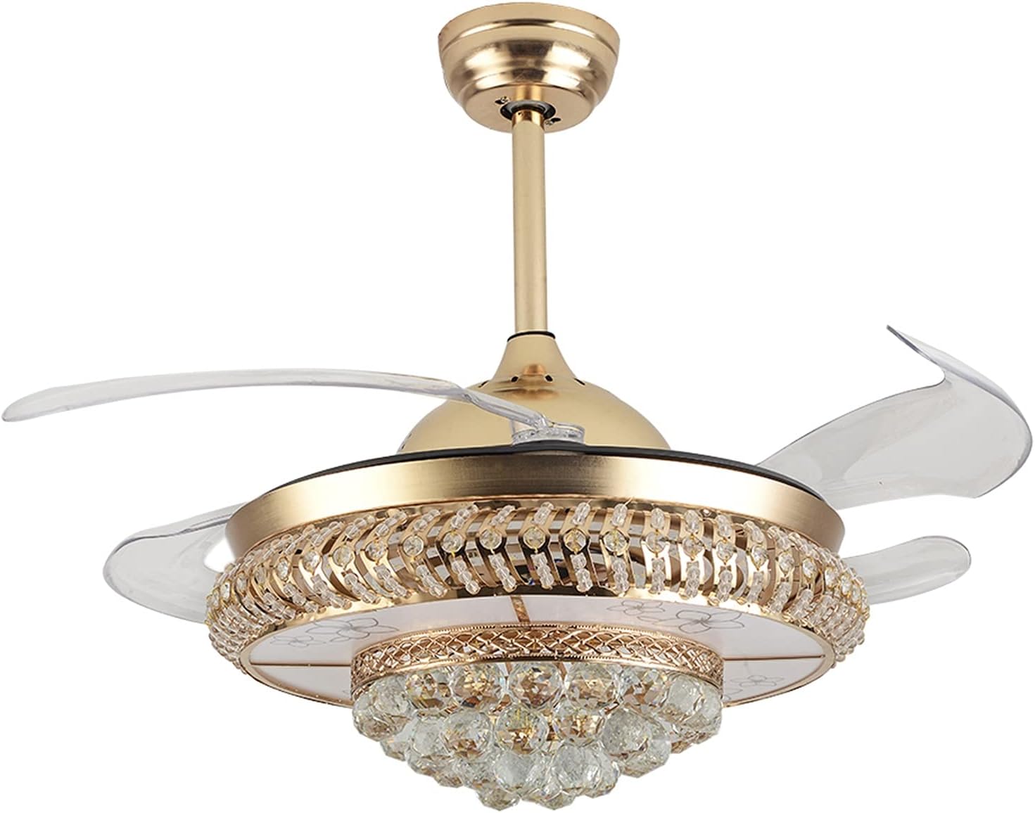 DNYSYSJ Retractable Ceiling Fan with Light, Modern Crystal LDE Invisible Fan Lamp with Remote Control Dimmable Chandelier Lamp 3 Speeds 3 Lighting Colors, Time Setting 110V (36" Gold)