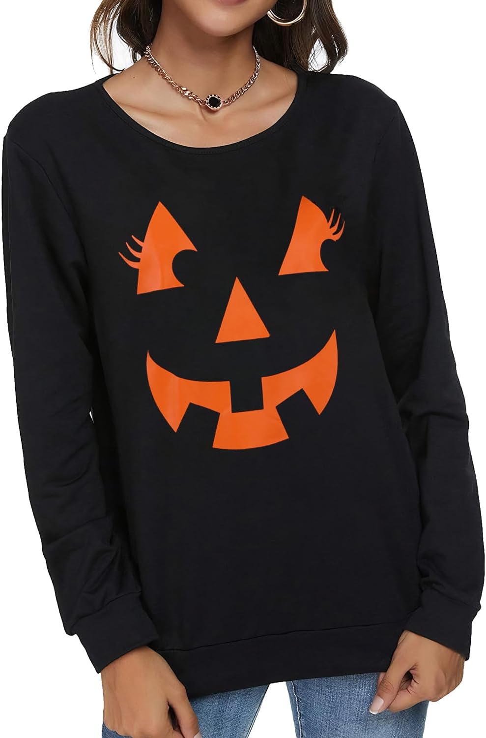 Women Halloween Sweatshirts Pumpkin Face Dancing Skeleton Shirt Long Sleeve Sweater Funny Graphic Pullover - Image 2