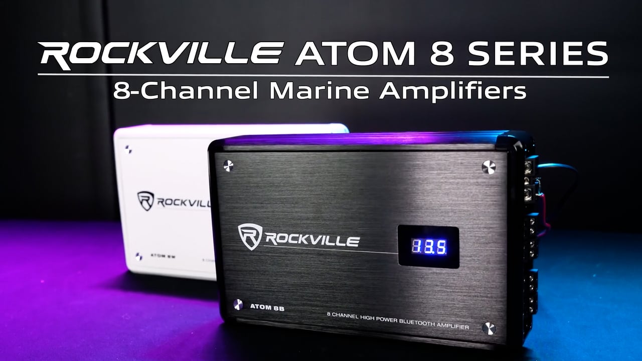 Image of Rockville Atom 8B 3500W Peak /880W RMS 8-Channel Marine Amplifier, Bluetooth with Auto Pairing, Adjustable Crossover, Voltage Display, Compact Corrosion-Resistant Design for Boats and Yachts | 3500W Peak, 880W RMS, Boat Audio, 8 /6 /4-Channel Modes, RCA Line Output, Variable HPF /LPF, 0-12dB Bass EQ, Voltage Display