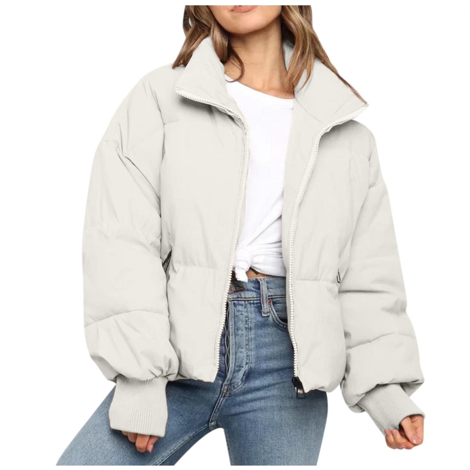 Piumino da donna, leggero, invernale, caldo, con chiusura lampo, per il tempo libero, traspirante, antivento, giacca trapuntata, giacca softshell, beige., XS
