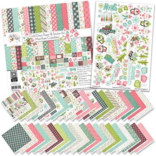 Miss Kate Cuttables Paper & Sticker Kit - Cold Days - Winter - 20 Double-Sided 12x12 Papers with 39 Designs & 1 8X12 Sticker Sheet - Scrapbooking Card Making Crafting