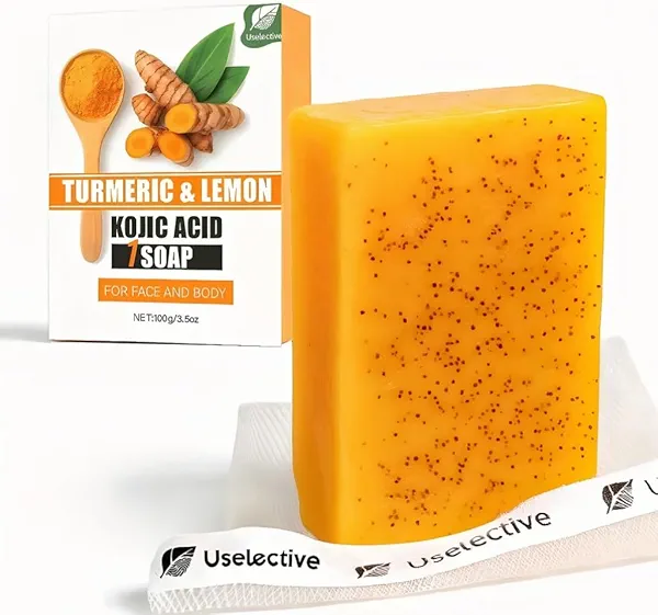 Uselective Kojic Acid & Turmeric Soap Bar for Dark Spot removal - Skin Lightening Soap with Vitamin C, Retinol, Shea Butter & Lemon Oil - for Face, Body, Underarms - SLS Free, for Oily & Dry Skin