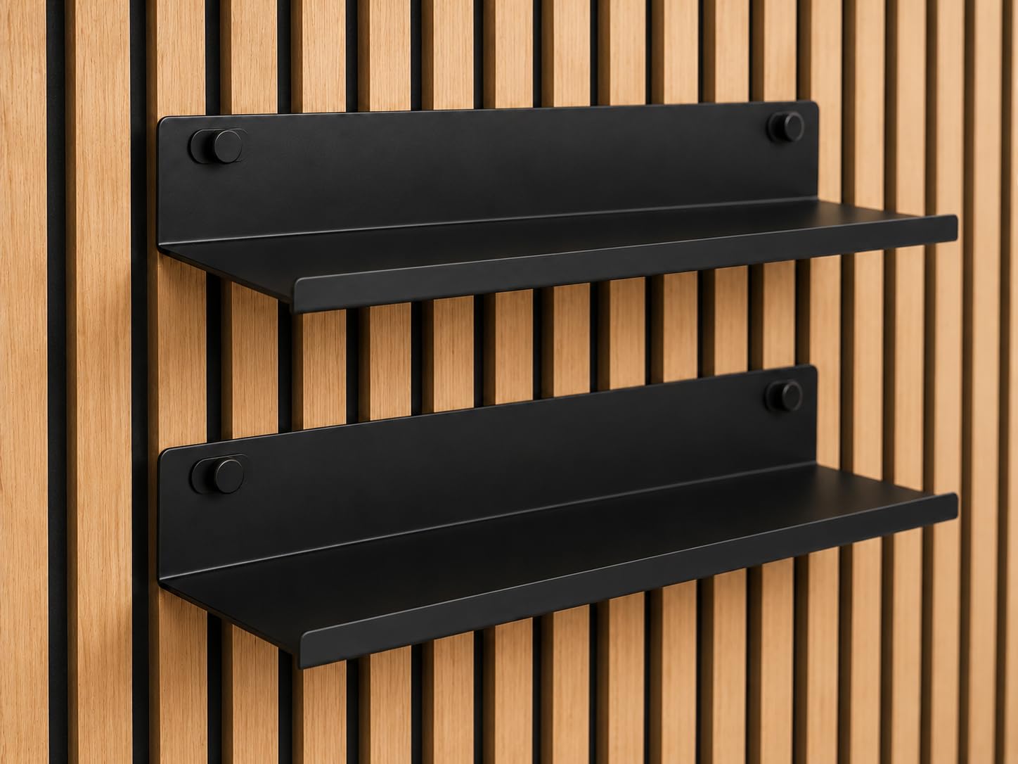 Regal für Akustikpaneele ohne Bohren – 34,4 cm, 2er-Set universell – Schweberegal Metall Schwarz – Akustikpaneele Zubehör & Ablage für Deko & Pflanzen – Wandregal für Akupanel & Lamellenwand