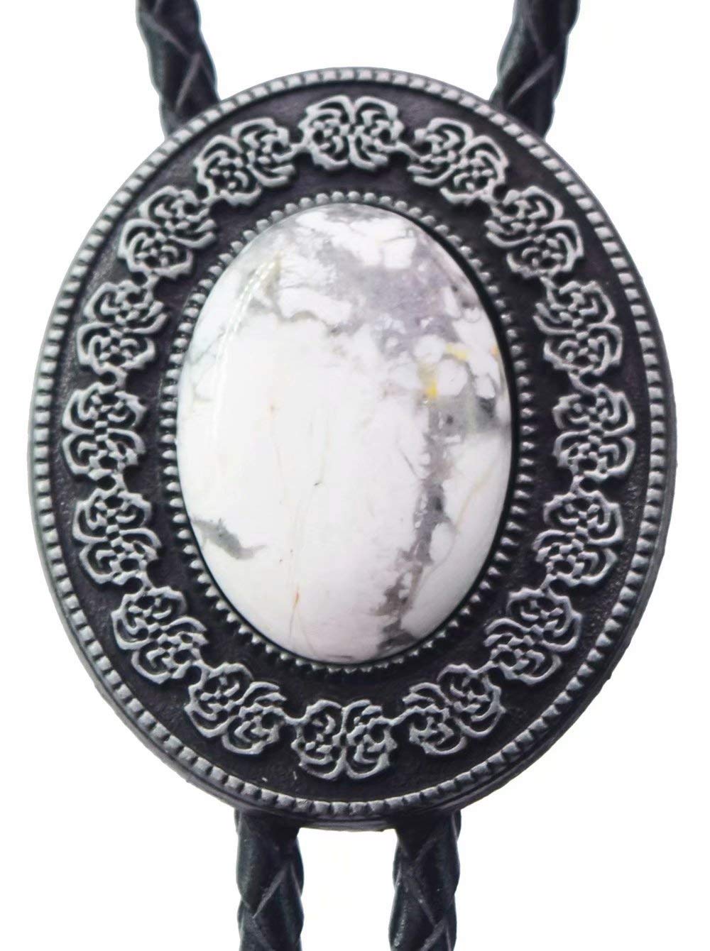 MoranseBolo Tie with Round Flower And Gem Stone Parterre Style Genuine and Cowhide Rope