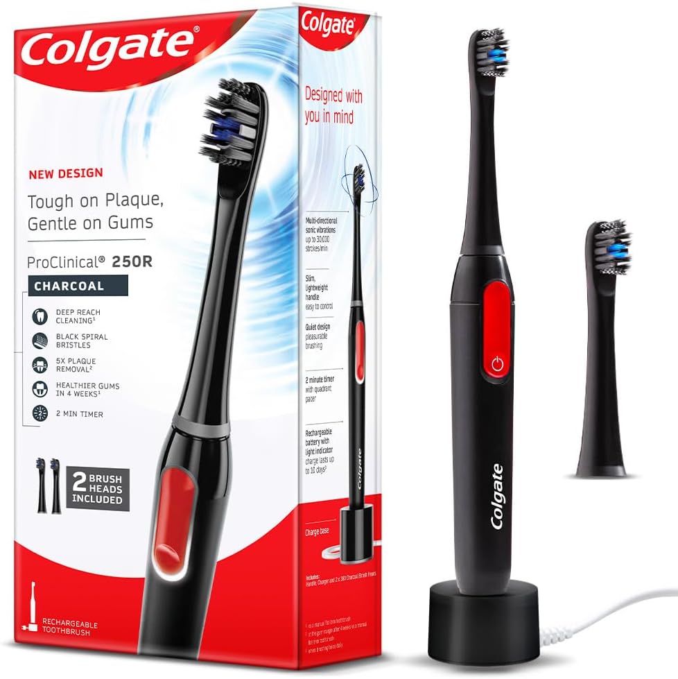 Colgate Proclinical 250R Charcoal Rechargeable Sonic Toothbrush, Electric Toothbrush with Soft & Spiral Bristles, Healthier Gums in 4 Weeks (With Replaceable Brush Head, Charger included)