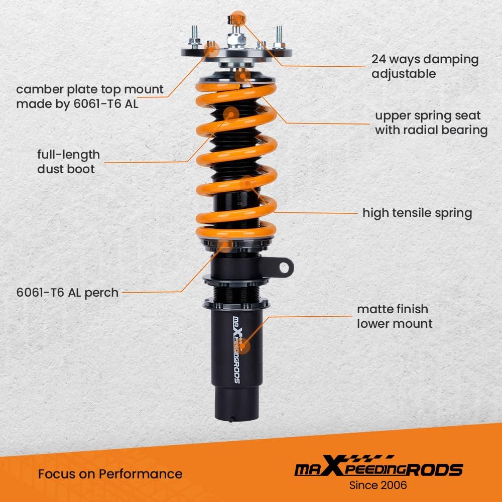 maXpeedingrods Coilover for BMW 3 Series E46 1998-2007 318i 330i 325i 328i 318d 320d 320i 325i 330d, 24 Levels Damper Adjustable Shock Absorber, Height Adjustable T6 Upgraded Lowering Kit, Gold