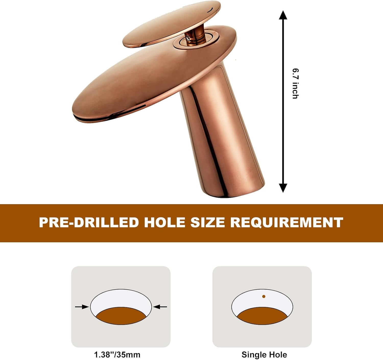 Wovier Rose Gold Waterfall Bathroom Sink Faucet,Single Handle Single Hole Brass Lavatory Vanity Faucet,Slanted Body Basin Mixer Tap with Supply Hose and Pop Up Drain Assembly