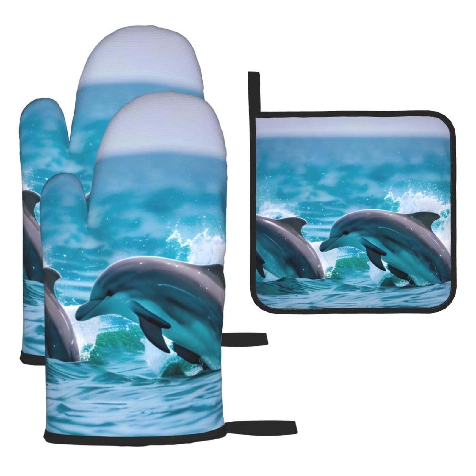 Dolphins In The Sea Print Oven Mitts Kitchen Gloves Set Everyday Baking Grilling Microwaving Cooking Gift