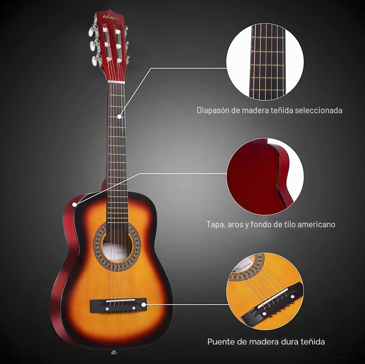 ADM Guitarra Infantil 1/4 Guitarra Clásica para Principiantes Niños con Afinador de Clip, Bolsa, Correa, Cuerdas Adicionales y Púas, Sunburst