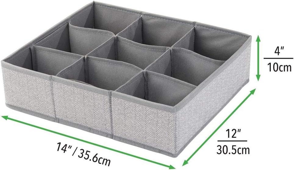 mDesign Soft Fabric 9 Section Dresser Drawer and Closet Storage Organizer for Child/Kids Room, Nursery, Playroom - Divided Large Organizer Bin - Herringbone Print with Solid Trim - Gray