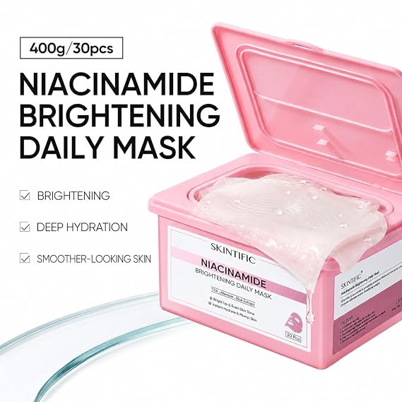 SKINTIFIC Niacinamide Daily Sheet Mask with Tranexamic Acid & Rice Extract | 10-Minute Hydrating and Smoothing Facial Mask for Even Tone and Radiant-Looking Skin, 30 Pre-Soaked Sheets