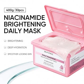 SKINTIFIC Niacinamide Daily Sheet Mask with Tranexamic Acid & Rice Extract | 10-Minute Hydrating and Smoothing Facial Mask for Even Tone and Radiant-Looking Skin, 30 Pre-Soaked Sheets