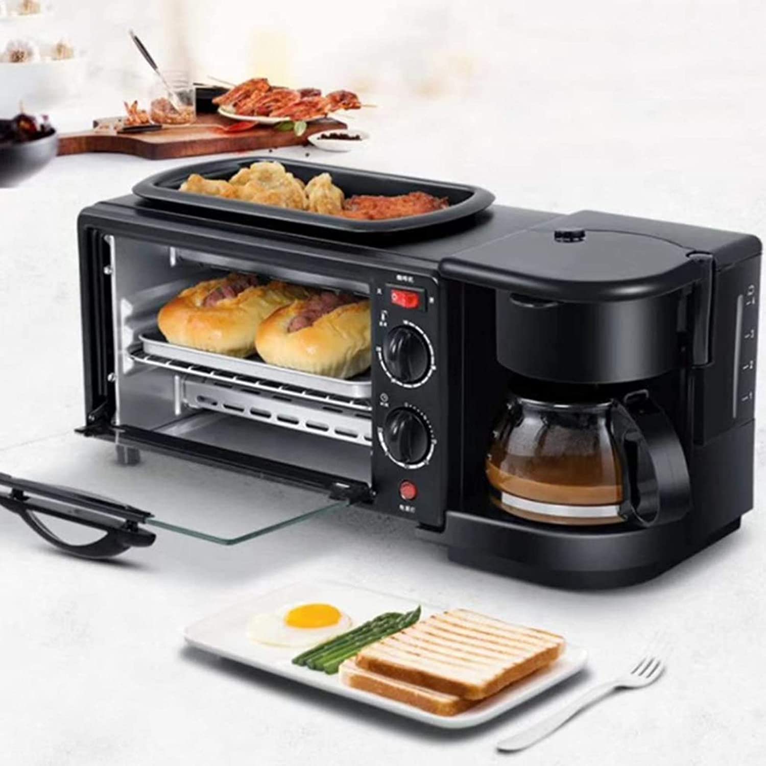 Máquina de Desayuno 3 en 1, Mini Horno, máquina de sándwich a la Parrilla eléctrica Multifuncional, tostadora de Acero Inoxidable con Plancha for Hacer Pasteles de sándwiches de café