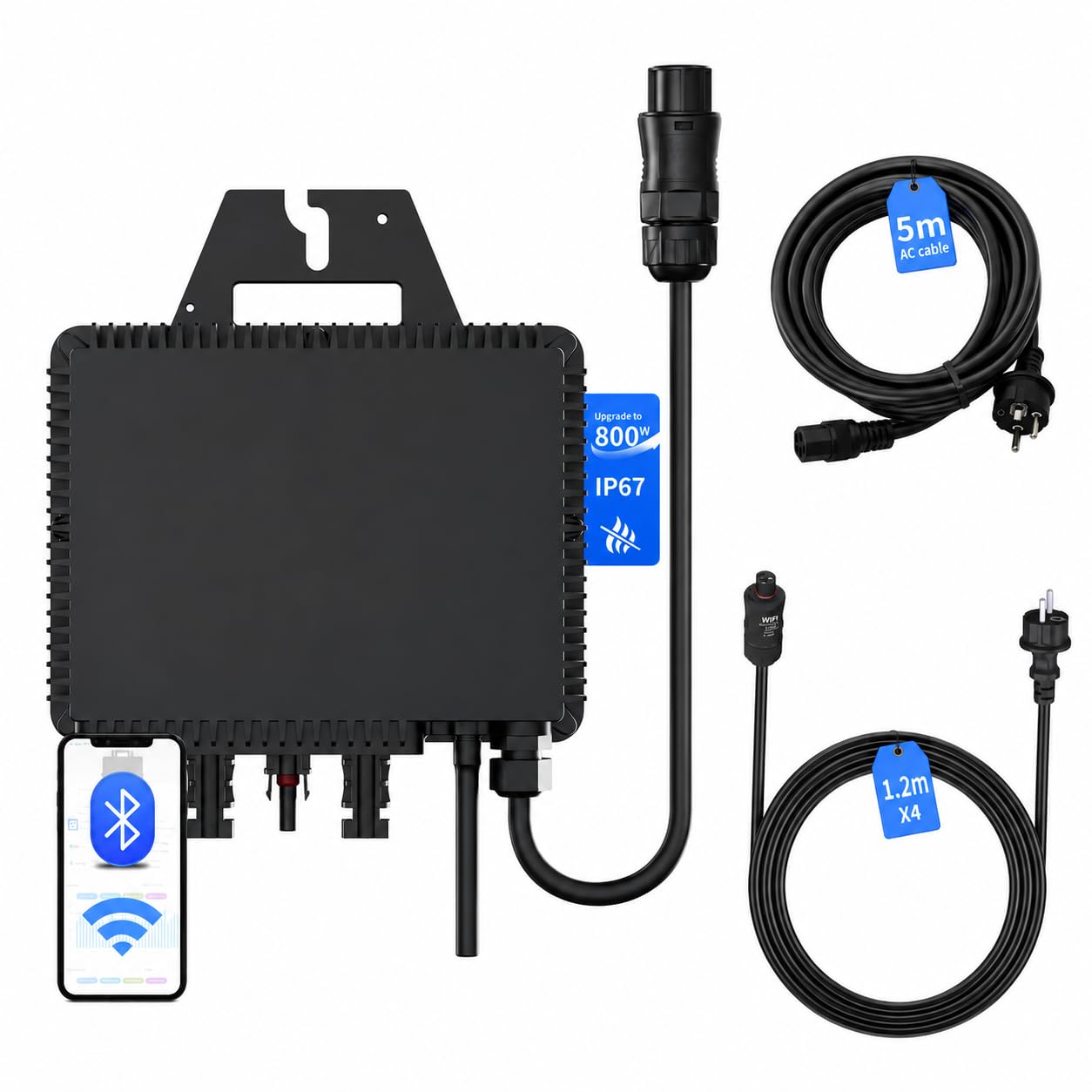 RC Micro-inverter, aggiornato a 800W, inverter solare intelligente, Controllo dell’app tramite Wi-Fi, adatto per impianti solari da balcone, efficienza MPPT 99,8%.