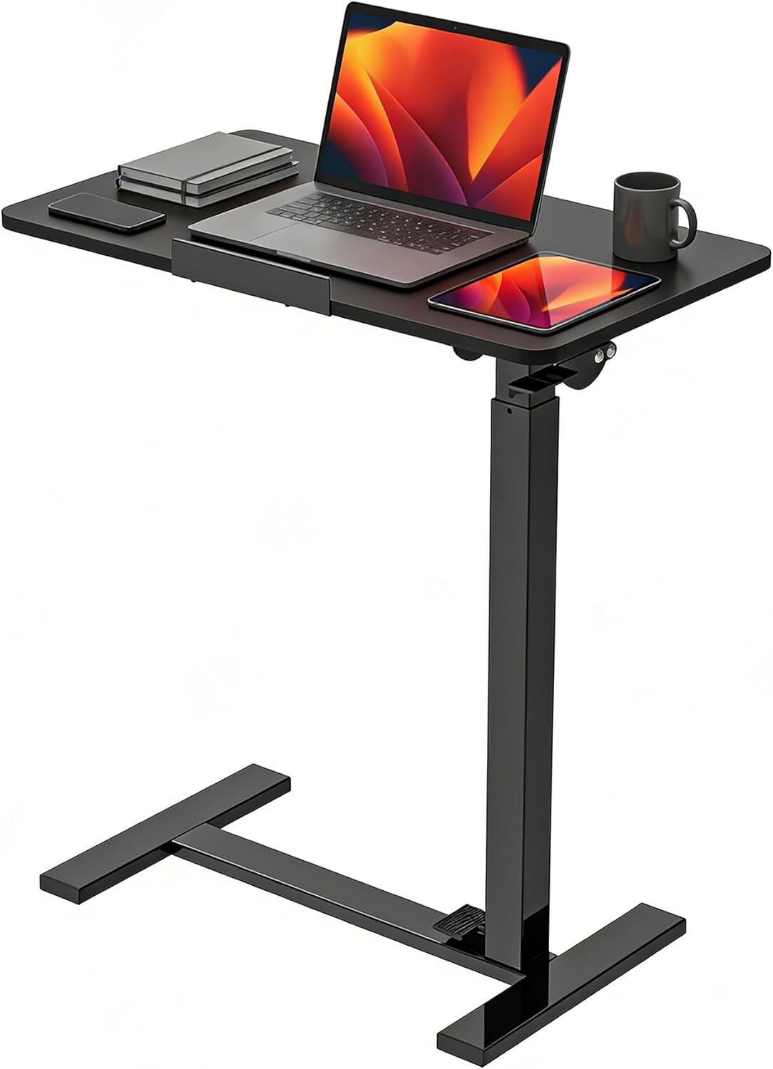 OLIXIS Mobile Standing Desk, Height-Adjustable Computer Cart with Pneumatic Lift, Portable Computer Workstation Cart for Bed, Couch, Office, Sofa, Black