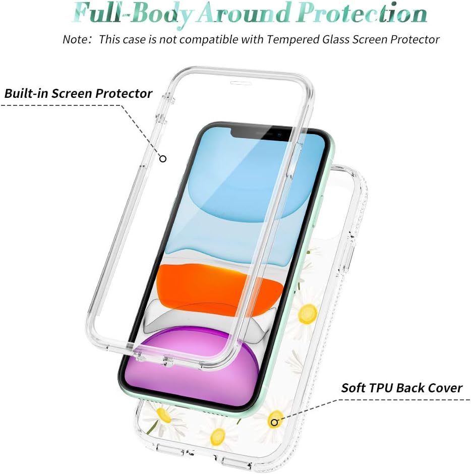 Caka Clear Case for iPhone 11 Case Full Body Protection with Built in Screen Protector Glitter Sparkly Rhinestone Diamond Girls Girly Women Soft 360 Transparent Crystal Case for iPhone 11 6.1 (Daisy)