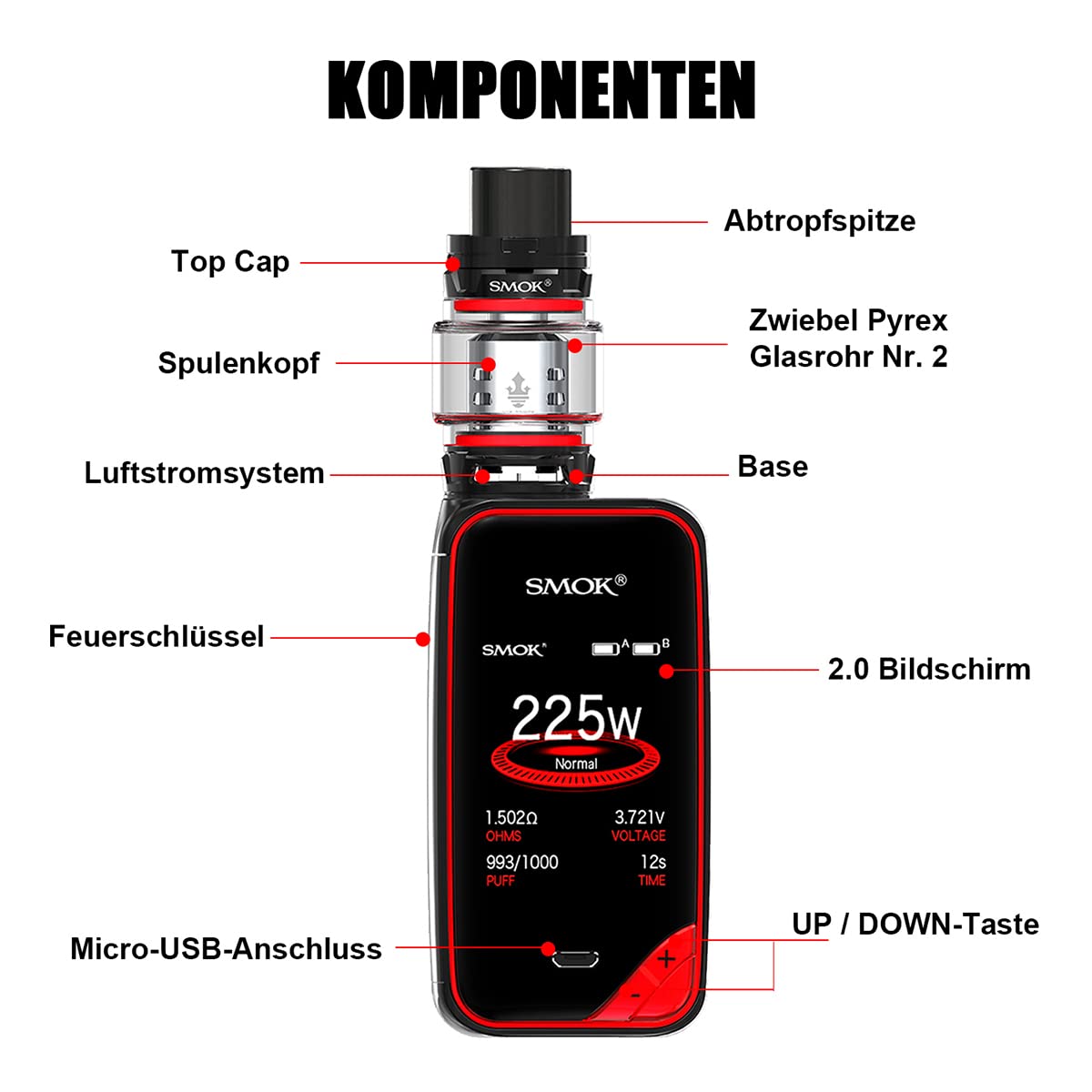 Elektronische Zigarette，Smok 225W X priv Kit mit Farbenfroh Screen, 8ml Verdampfer TFV12 Prinz Tank und wiederaufladbaren 2*Batterien, kein Nikotin, keine Flüssigkeit (Schwarz Rot003)