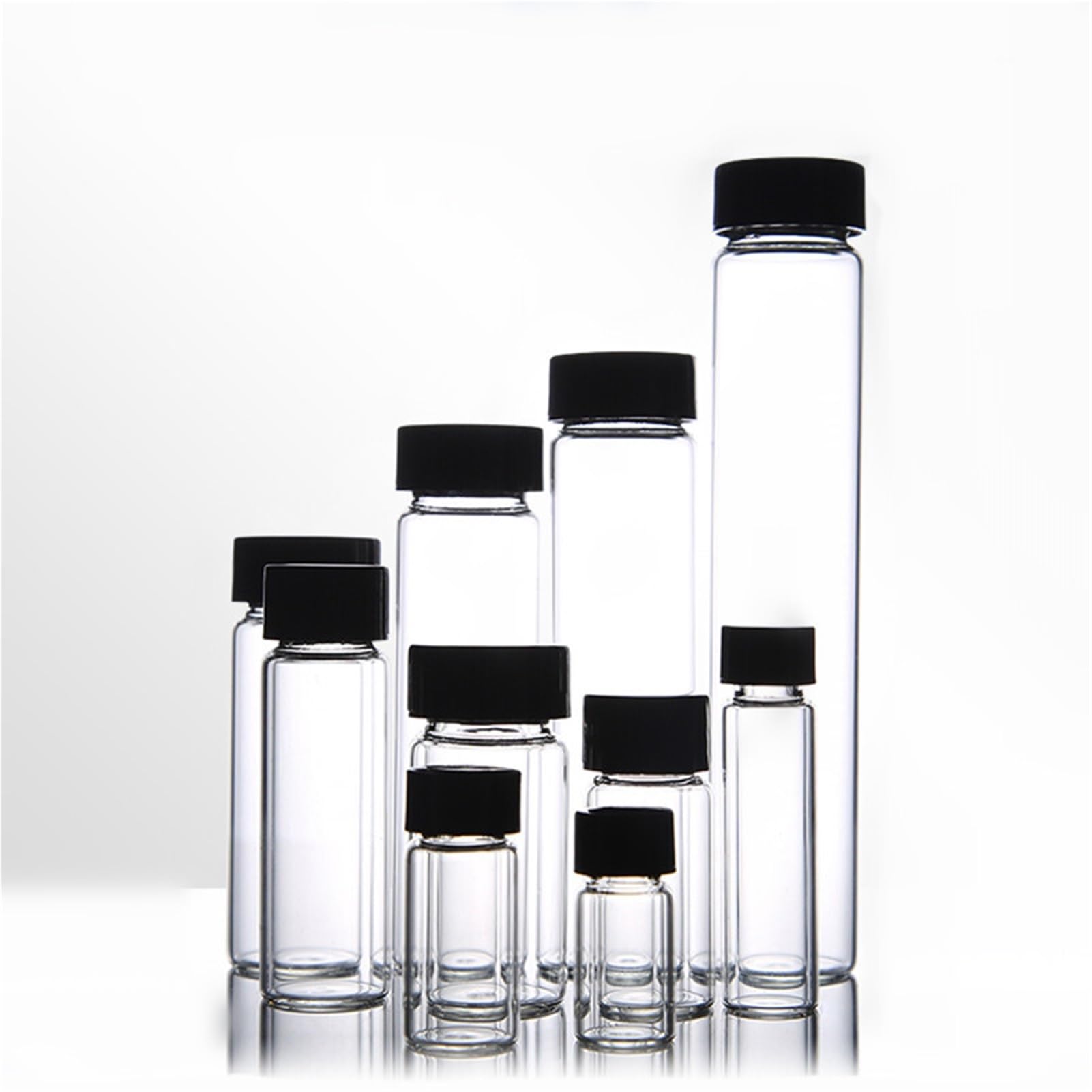 20 unids/Pack de 3ml a 60ml Botellas de Muestra de Vidrio Transparente con Tapa de Rosca de plástico Negro, Botella de Aceite Esencial for Uso en Laboratorio(50ml) | 50ml