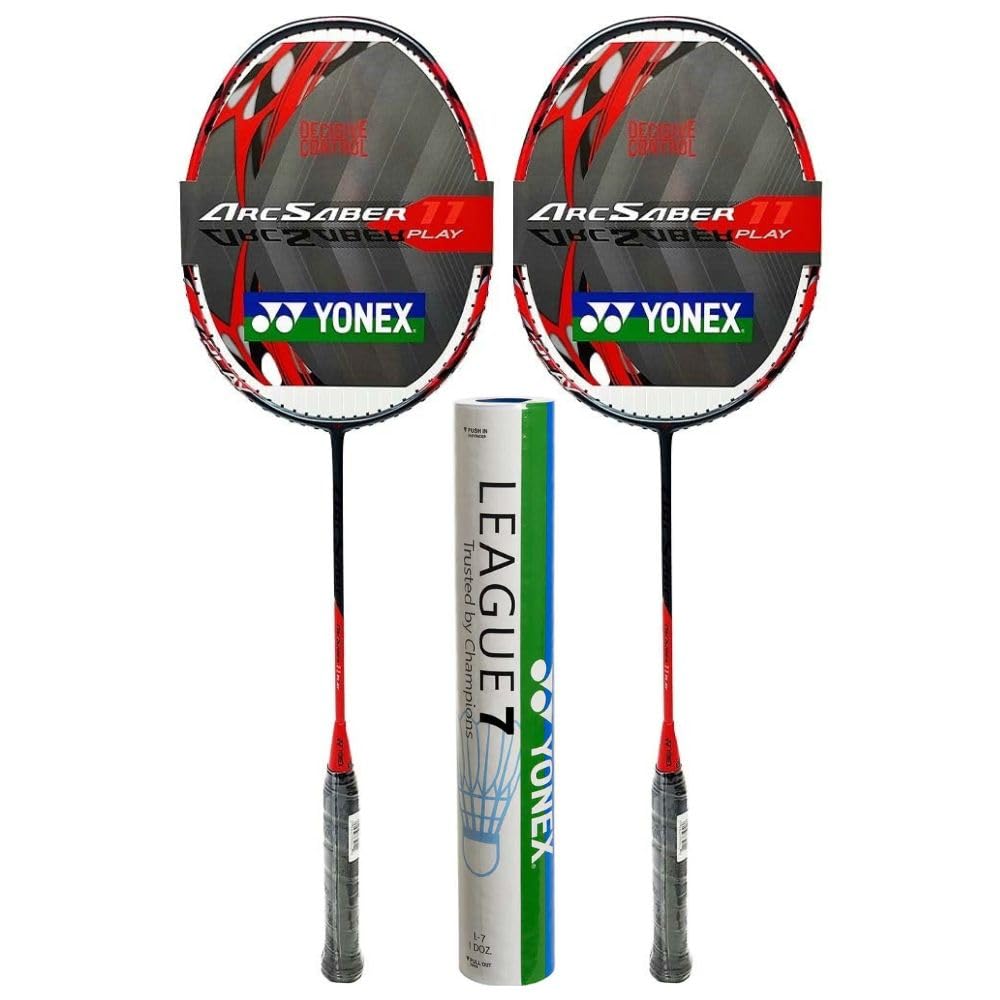 2X Yonex Arcsaber 11 Play Pre Strung Baminton Racquet, Grayish Pearl Bundled with Yonex League 7 Feather Shuttlecock
