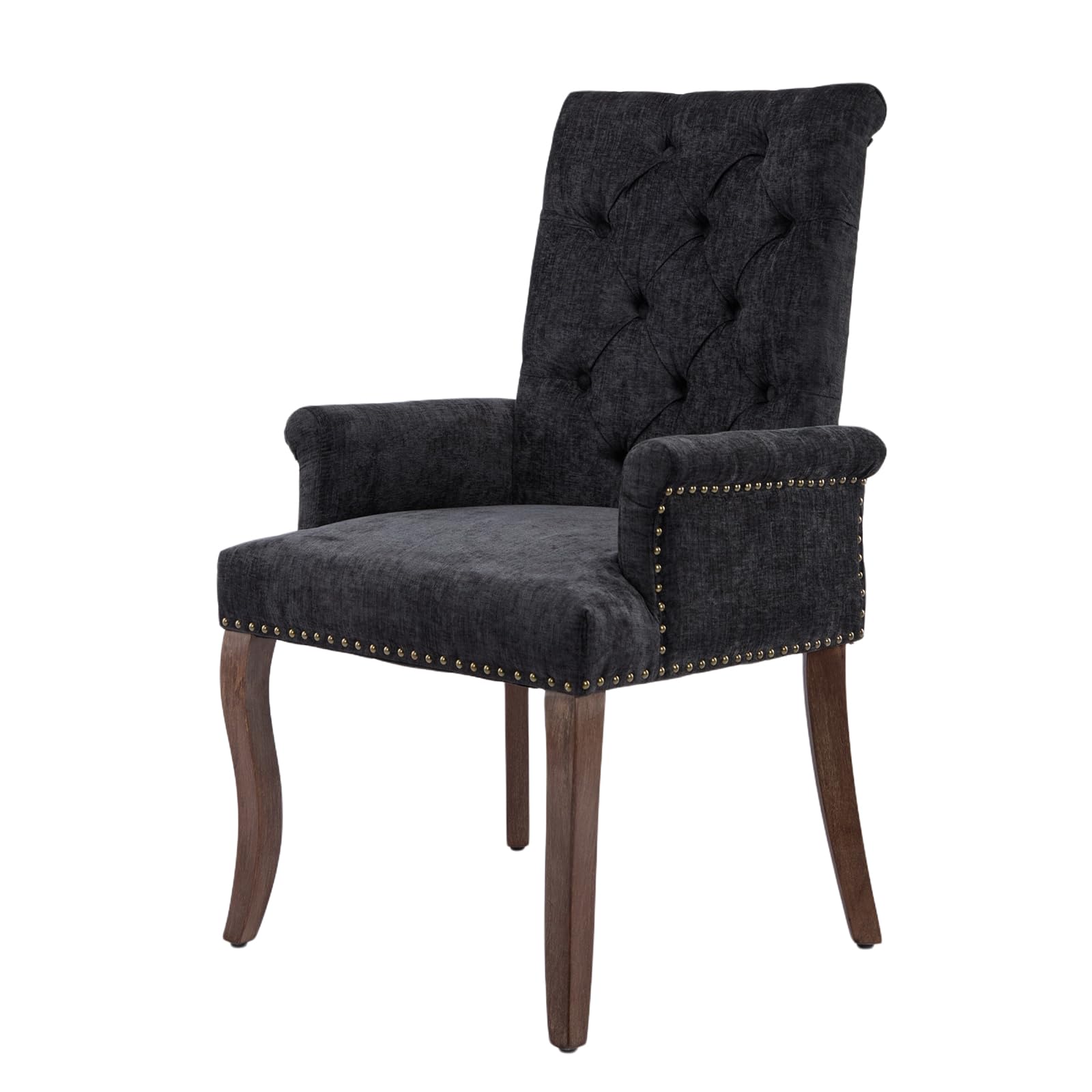 cinkehome Upholstered Dining Chairs, Mid Century Modern Kitchen Side Chairs with Padded Back and Arm, Dining Room Chair with Solid Wood Leg (Black, Chenille)