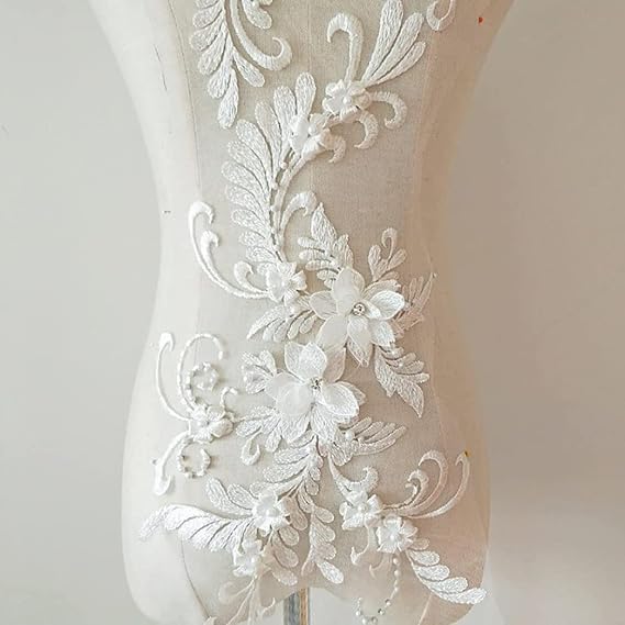 Lace Trim, Blossom Flower Applique, Beaded Sequins Flower LACE Patch Bridal Wedding Dress Embossed Beading Embroidery lace Appliques Motif Sewing Craft White